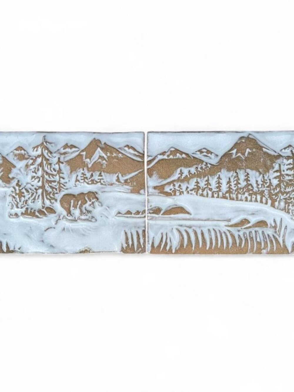 Handcrafted Relief Ceramic Art Tiles 2 Piece Continuous Winter Mountain Bear Lan
